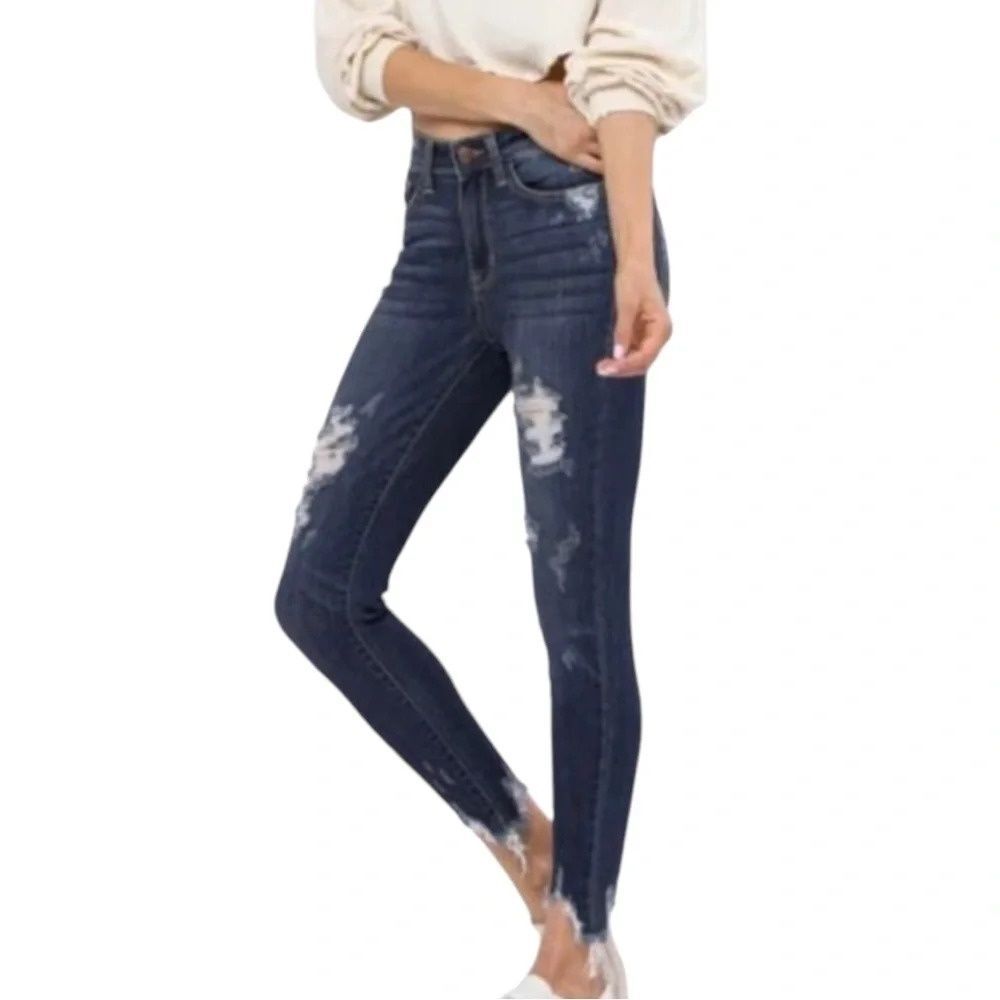 Judy Blue Women's Mid Rise Raw Hem Destroyed Skinny Jeans size 5/27 dark blue